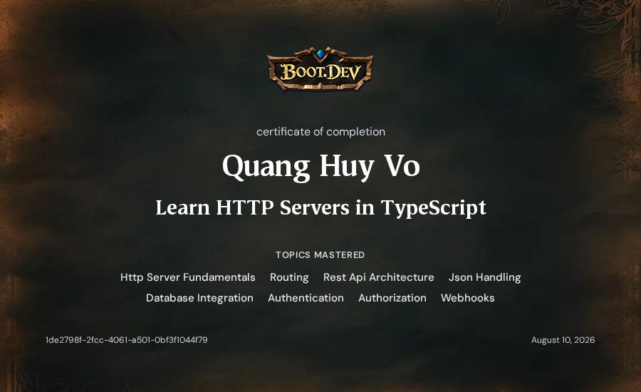 Quang Huy Vo's Boot.dev Learn HTTP Servers in TypeScript certificate
