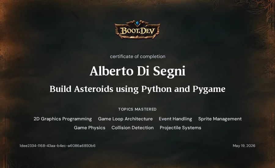 Alberto Di Segni's Boot.dev Build Asteroids using Python and Pygame certificate