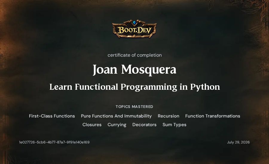 Joan Mosquera's Boot.dev Learn Functional Programming in Python certificate