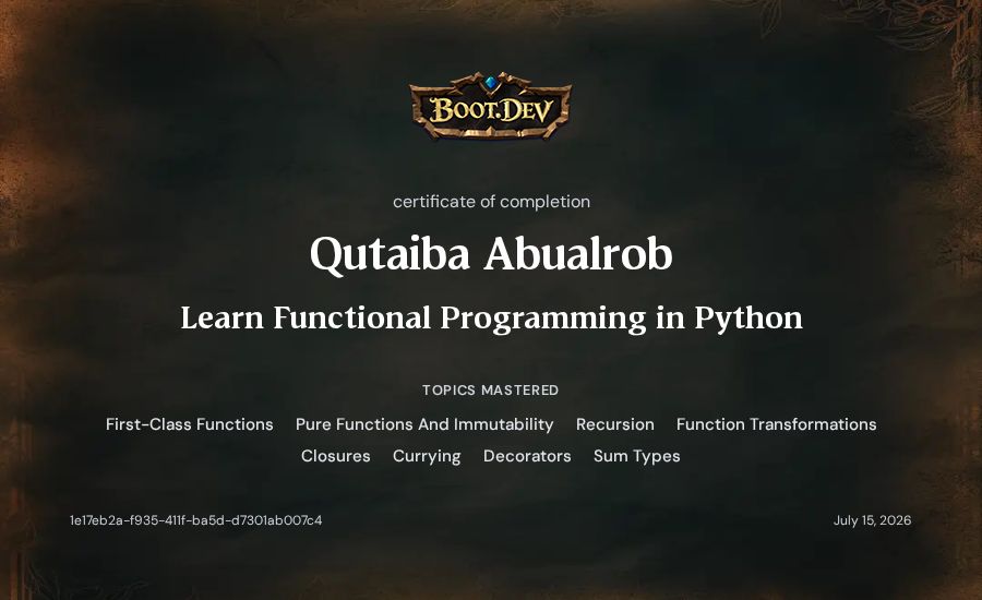 Qutaiba Abualrob's Boot.dev Learn Functional Programming in Python certificate