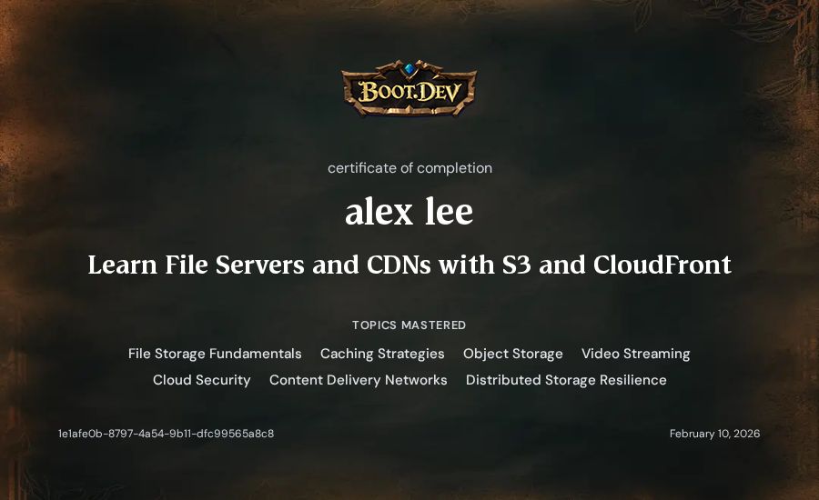 alex lee's Boot.dev Learn File Servers and CDNs with S3 and CloudFront certificate