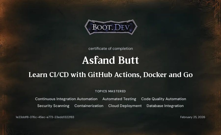 Asfand Butt's Boot.dev Learn CI/CD with GitHub Actions, Docker and Go certificate