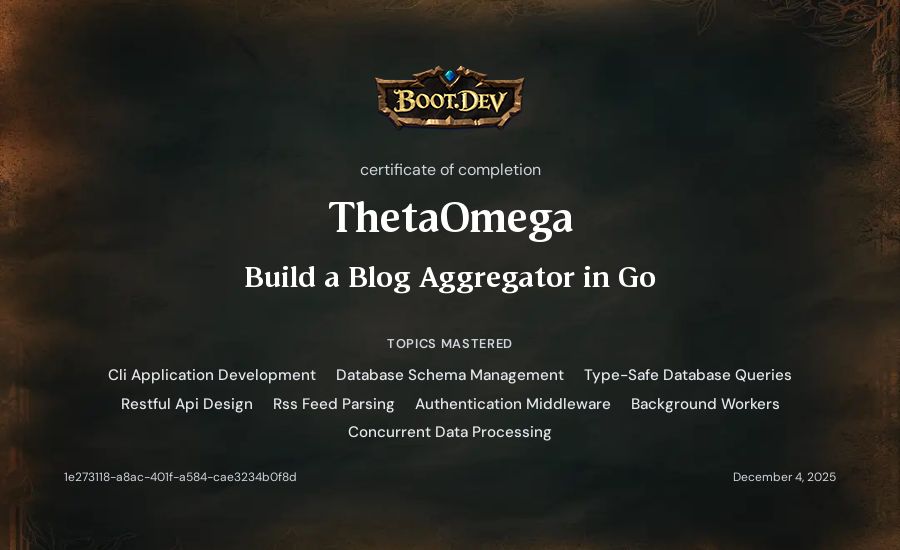 ThetaOmega's Boot.dev Build a Blog Aggregator in Go certificate