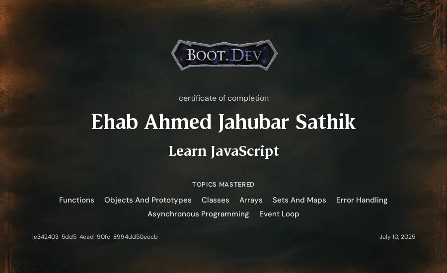 Ehab Ahmed Jahubar Sathik's Boot.dev Learn JavaScript certificate