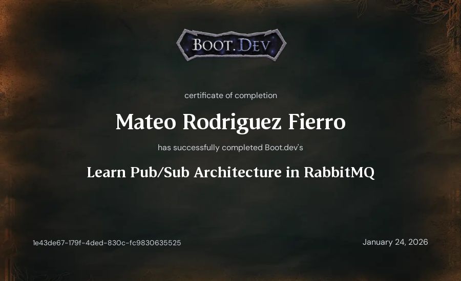 Mateo Rodriguez Fierro's Boot.dev Learn Pub/Sub in RabbitMQ and Go certificate