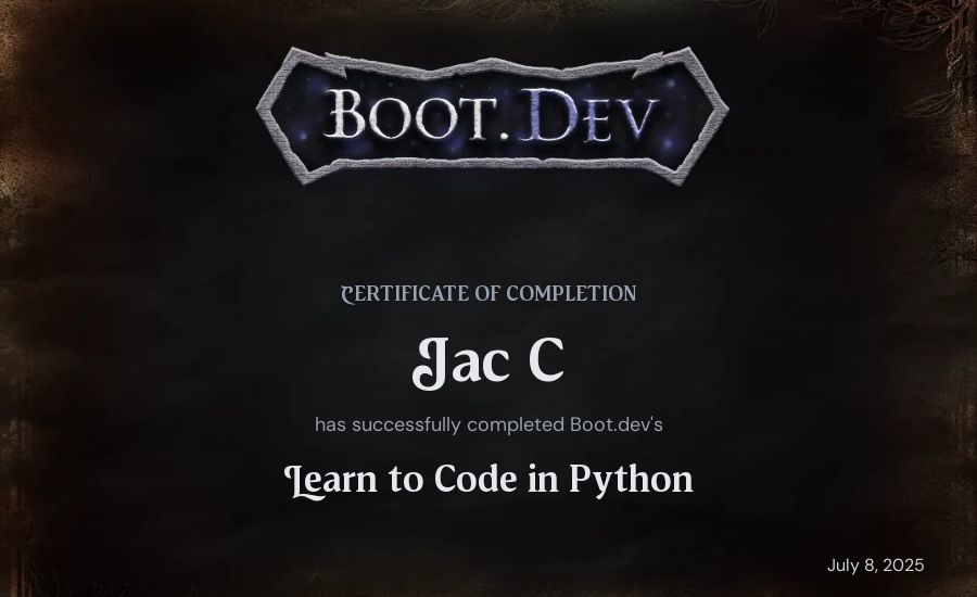 Jac C's Boot.dev Introduction to Python Course certificate