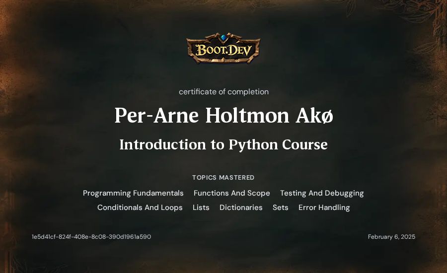 Per-Arne Holtmon Akø's Boot.dev Introduction to Python Course certificate