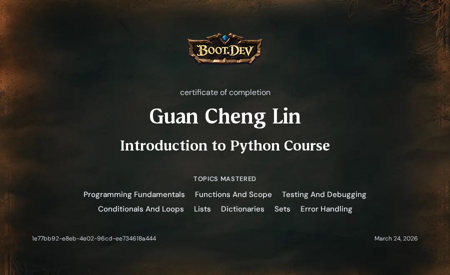 Guan Cheng Lin's Boot.dev Introduction to Python Course certificate