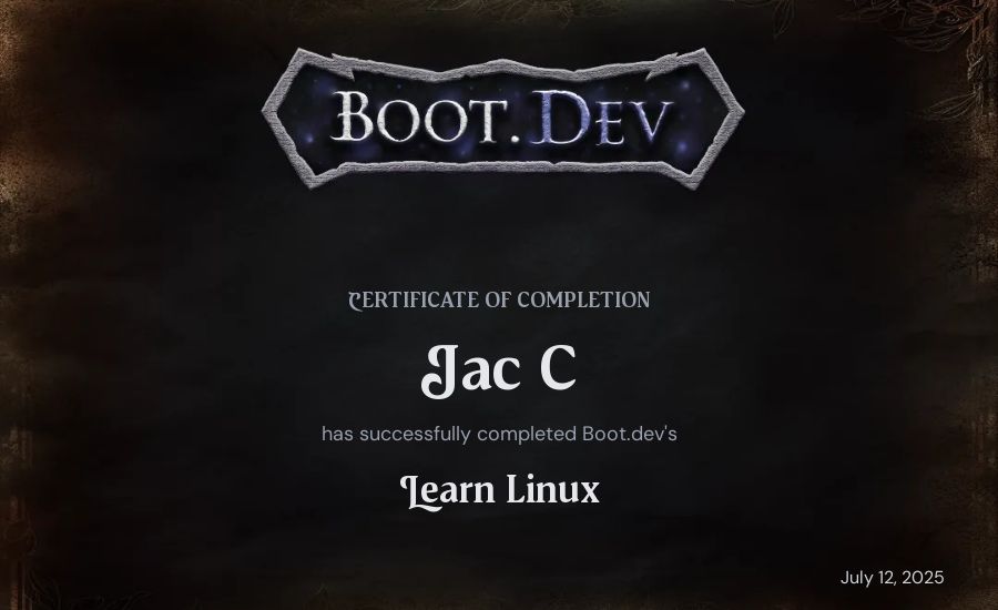 Jac C's Boot.dev Learn Linux certificate