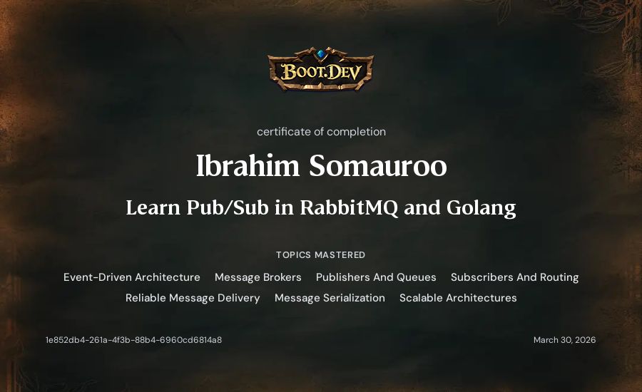 Ibrahim Somauroo's Boot.dev Learn Pub/Sub in RabbitMQ and Go certificate
