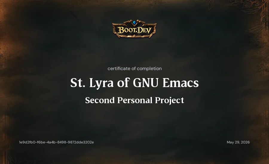 St. Lyra of GNU Emacs's Boot.dev Second Personal Project certificate