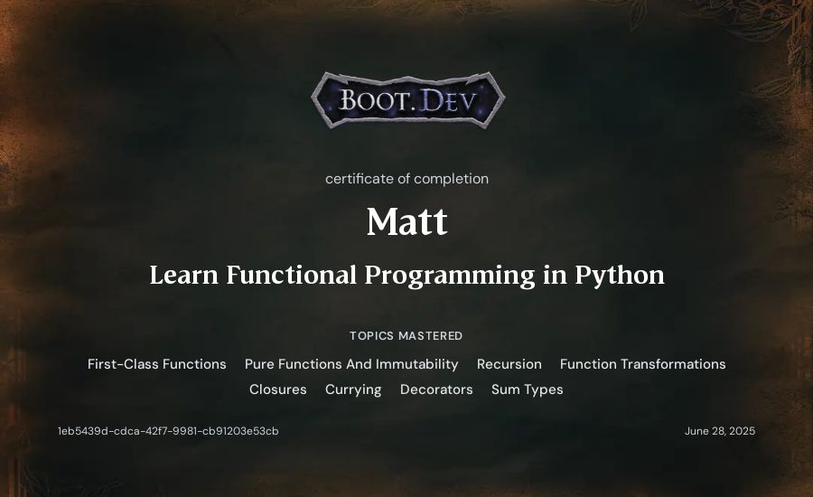 Matt's Boot.dev Learn Functional Programming in Python certificate