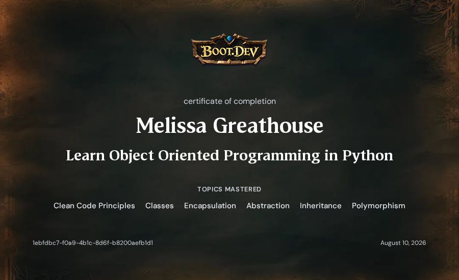 Melissa Greathouse's Boot.dev Learn Object Oriented Programming in Python certificate