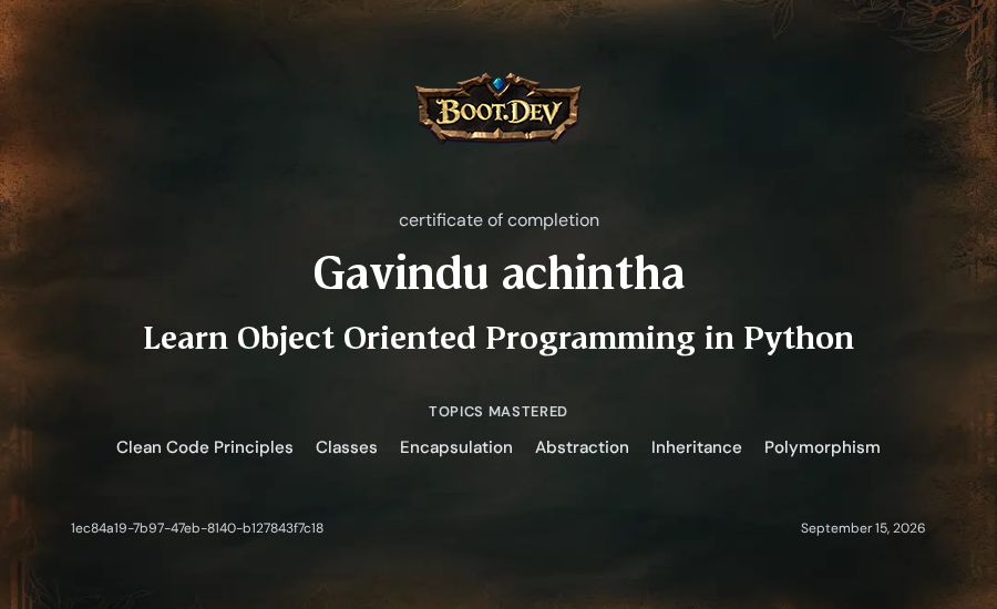 Gavindu achintha's Boot.dev Learn Object Oriented Programming in Python certificate