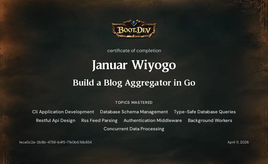 Januar Wiyogo's Boot.dev Build a Blog Aggregator in Go certificate