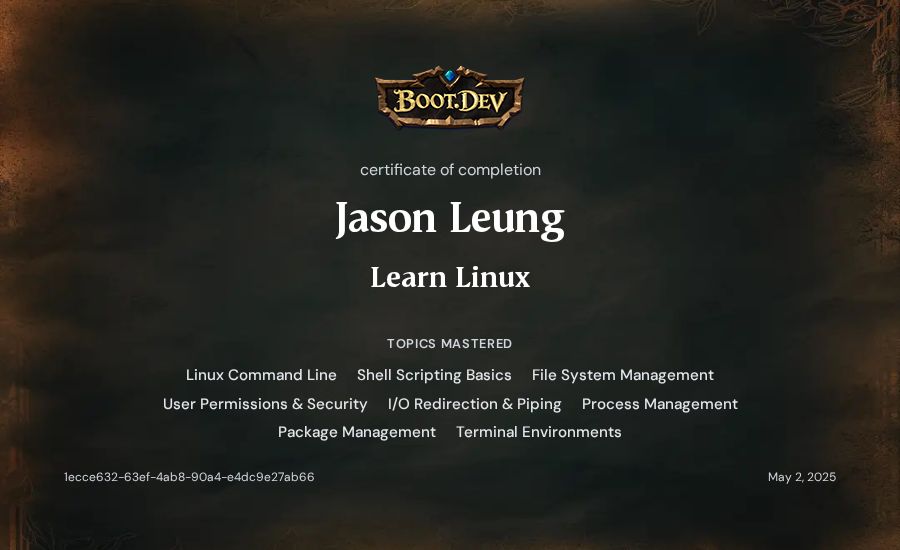 Jason Leung's Boot.dev Learn Linux certificate