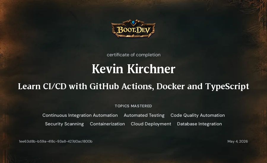 Kevin Kirchner's Boot.dev Learn CI/CD with GitHub Actions, Docker and TypeScript certificate