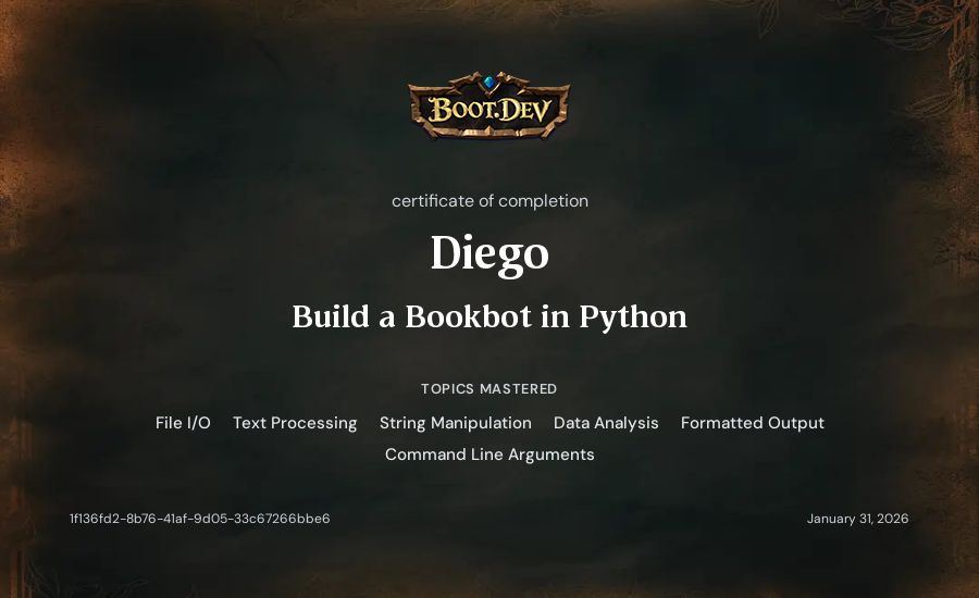 Diego's Boot.dev Build a BookBot in Python certificate