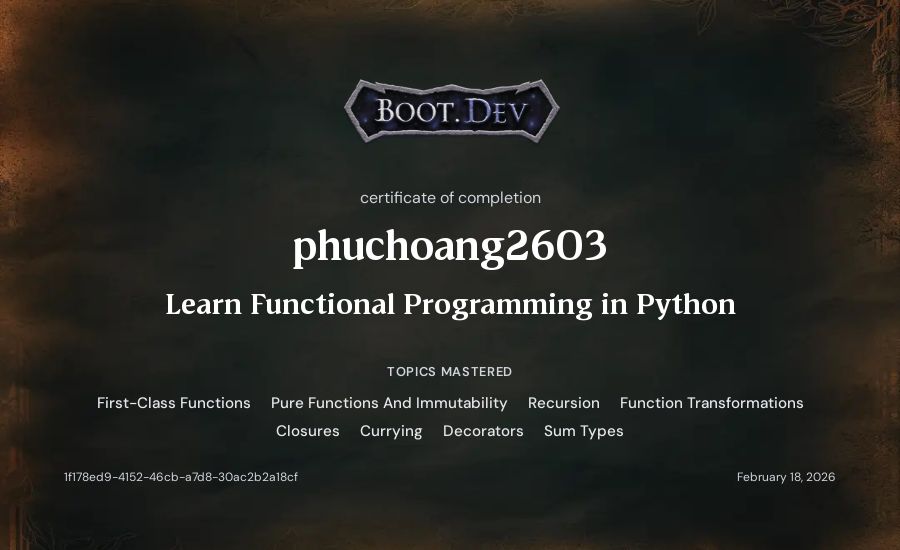 phuchoang2603's Boot.dev Learn Functional Programming in Python certificate