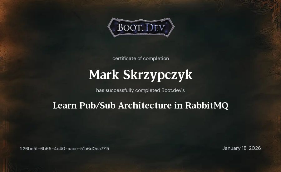 Mark Skrzypczyk's Boot.dev Learn Pub/Sub in RabbitMQ and Go certificate