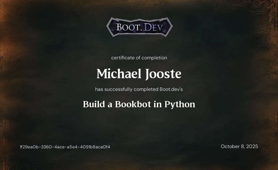 Michael Jooste's Boot.dev Build a BookBot in Python certificate
