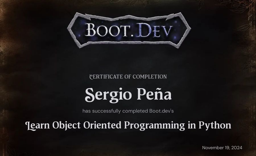 Sergio Peña's Boot.dev Learn Object Oriented Programming in Python certificate