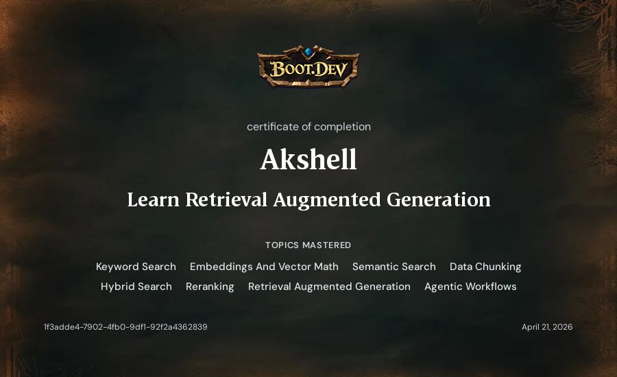 Akshell's Boot.dev Learn Retrieval Augmented Generation certificate