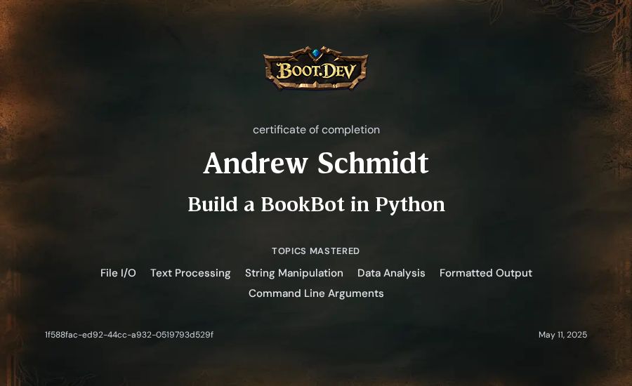 Andrew Schmidt's Boot.dev Build a BookBot in Python certificate