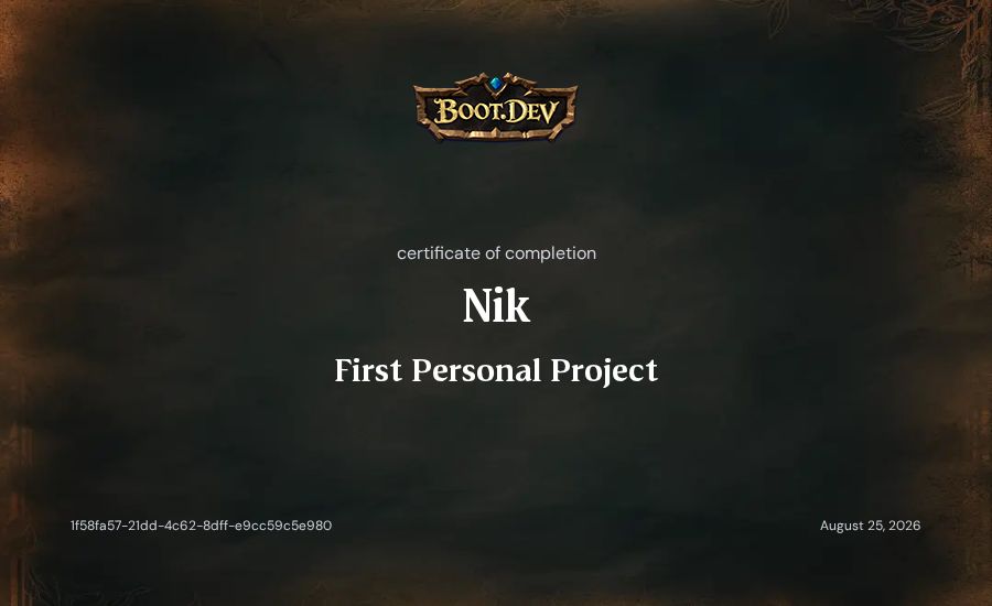 Nik's Boot.dev First Personal Project certificate