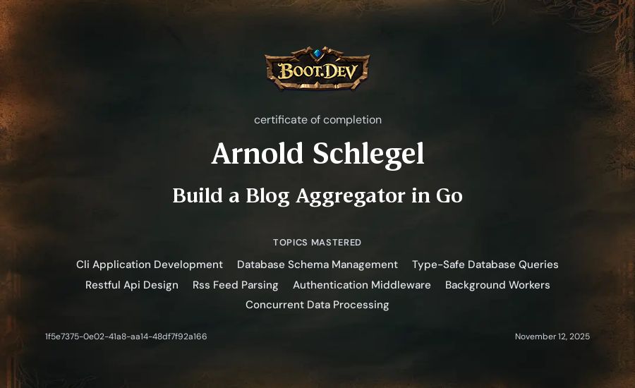 Arnold Schlegel's Boot.dev Build a Blog Aggregator in Go certificate