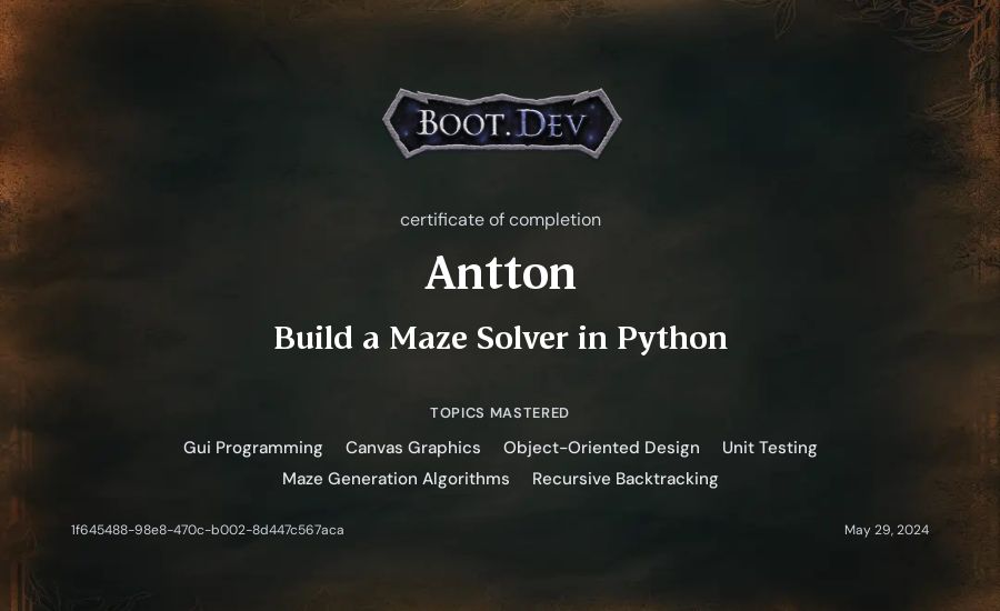 Antton's Boot.dev Build a Maze Solver in Python certificate