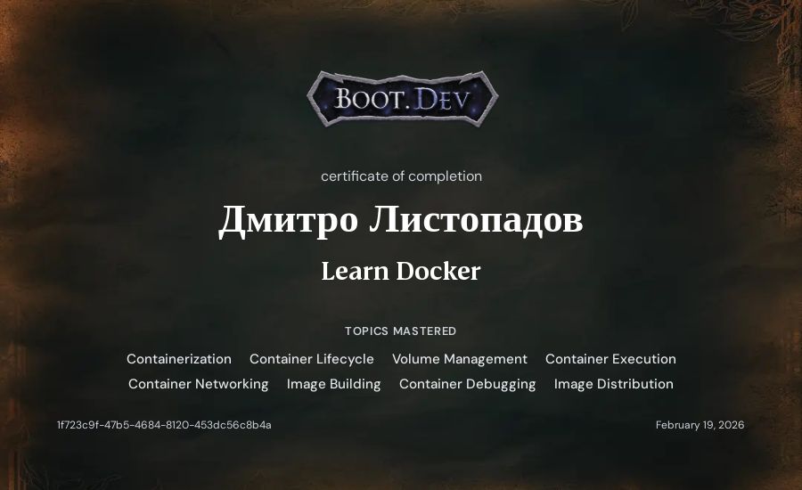 Дмитро Листопадов's Boot.dev Learn Docker certificate