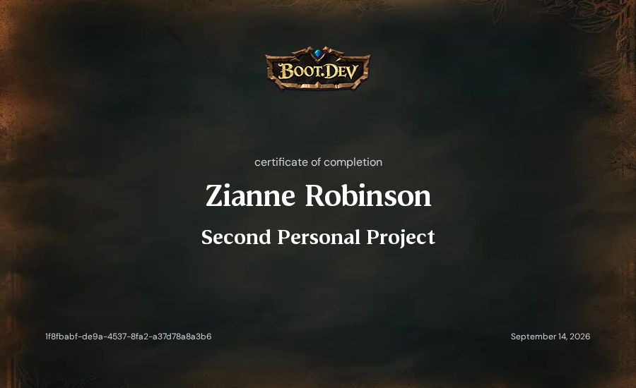 Zianne Robinson's Boot.dev Second Personal Project certificate