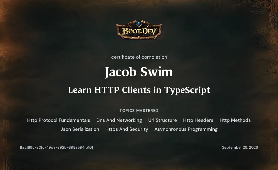 Jacob Swim's Boot.dev Learn HTTP Clients in TypeScript certificate