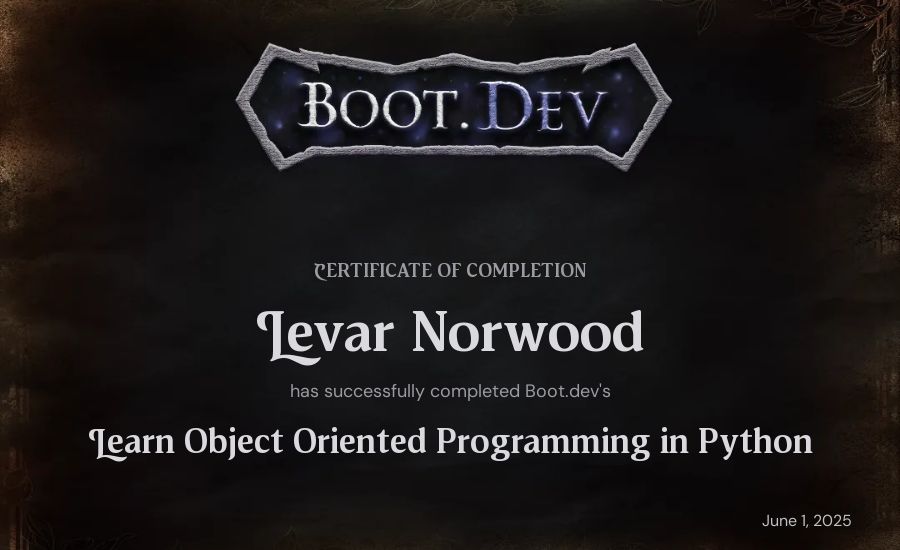 Levar's Boot.dev Learn Object Oriented Programming in Python certificate