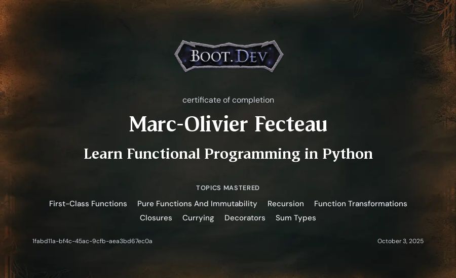 Marc-Olivier Fecteau's Boot.dev Learn Functional Programming in Python certificate