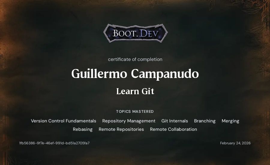 Guillermo Campanudo's Boot.dev Learn Git certificate