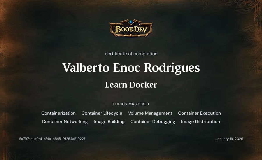 Valberto Enoc Rodrigues's Boot.dev Learn Docker certificate