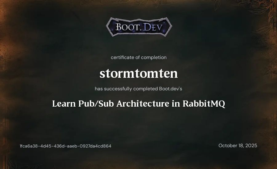 stormtomten's Boot.dev Learn Pub/Sub in RabbitMQ and Go certificate