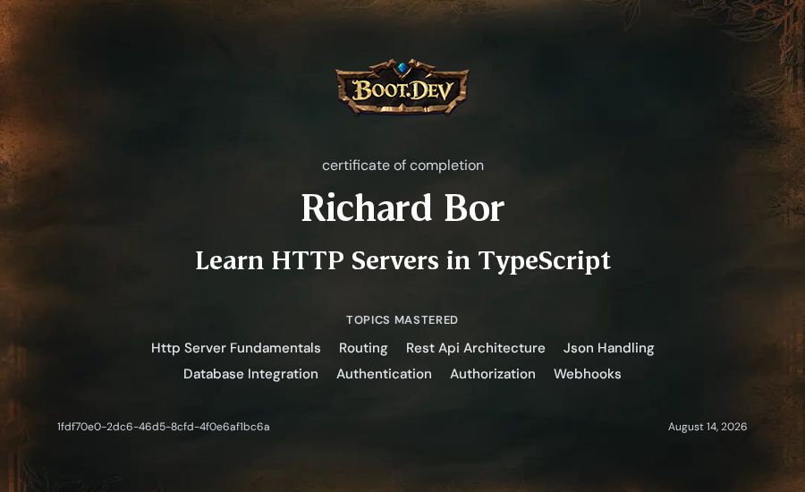 Richard Bor's Boot.dev Learn HTTP Servers in TypeScript certificate