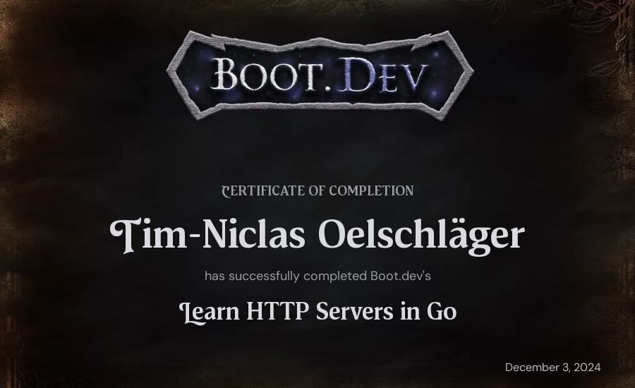 Tim-Niclas Oelschläger's Boot.dev Learn HTTP Servers in Go certificate
