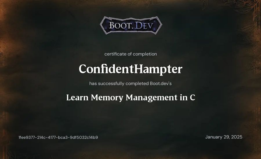 ConfidentHampter's Boot.dev Learn Memory Management in C certificate