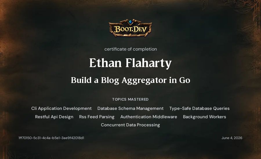 Ethan Flaharty's Boot.dev Build a Blog Aggregator in Go certificate