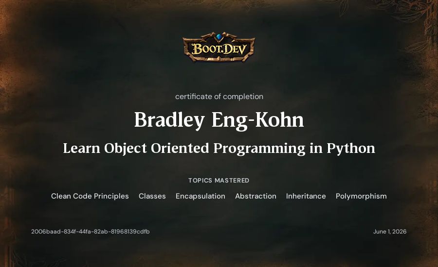 Bradley Eng-Kohn's Boot.dev Learn Object Oriented Programming in Python certificate