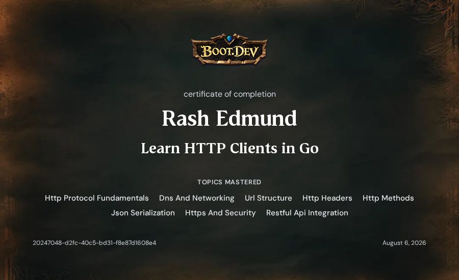 Rash Edmund's Boot.dev Learn HTTP Clients in Go certificate