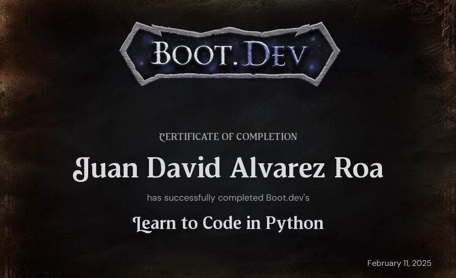 Juan David Alvarez Roa's Boot.dev Introduction to Python Course certificate