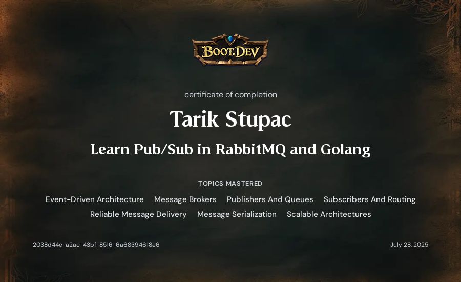 Tarik Stupac's Boot.dev Learn Pub/Sub in RabbitMQ and Go certificate