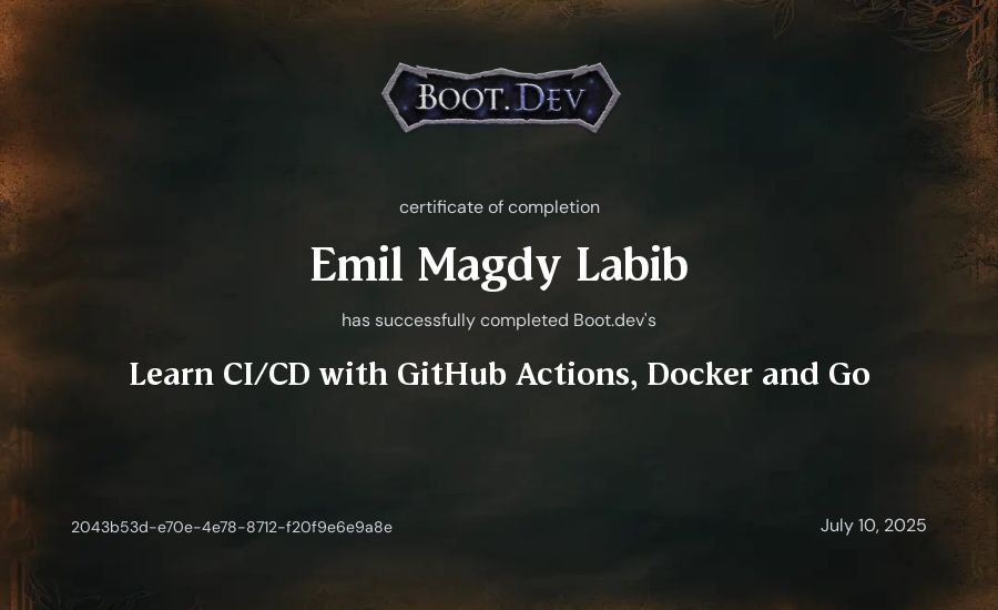 Emil Magdy Labib's Boot.dev Learn CI/CD with GitHub Actions, Docker and Go certificate