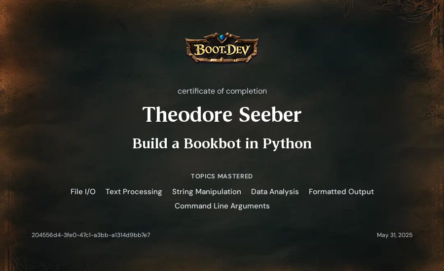 Theodore Seeber's Boot.dev Build a BookBot in Python certificate