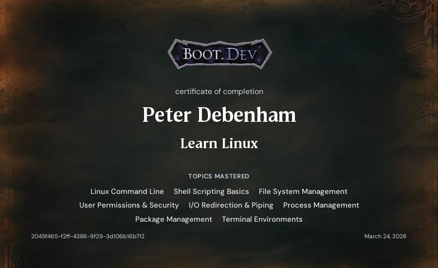 Peter Debenham's Boot.dev Learn Linux certificate